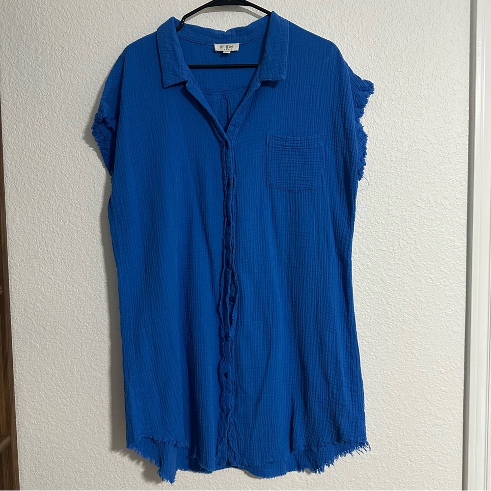 Blue Crinkle Shirt Dress Button down raw fringe hem 100% cotton Beach Vacay Pool - Picture 2 of 6